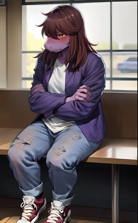 susie, purple jacket, white shirt, ripped jeans, converse shoes, untied shoe laces, long brown hair, yellow eyes, crossing arms,...