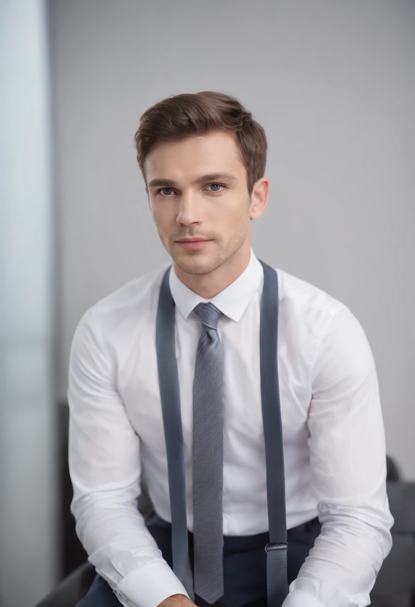 (Realistic portrait of a businessman in a studio setting, male, short hair, unshaved, intelligent appearance, detailed eyes, elegant businessman, professional attire, white t-shirt, striped tie, focused expression, confident posture, sitting on a chair, we...