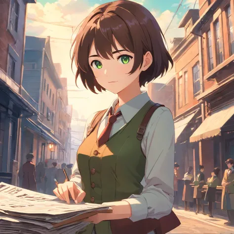 masterpiece:1.2, best quality, 1lady, solo:1.2, dark brown hair, short hair, green eyes, Piper Wright, young, Pointing a camera at the reader, Steampunk setting, photorealistic anime, victorian era setting, newspaper cap