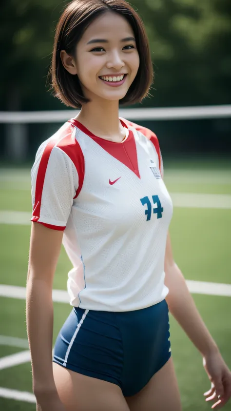 (The FW), 1womanl, Solo, 24 year old, 7headed body, (cute  face), (Ideal ratio body proportions), long , Volleyball Court, Volleyball uniform, Volleyball Attack, Wearing sweat, The costume is sheer, Wet, Smiling smile, short-hair, Dark hair, big breasts, A...