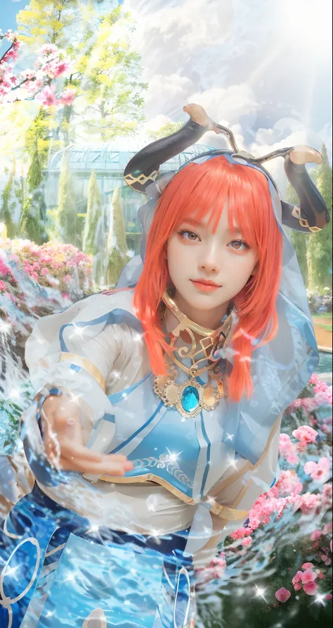 anime girl with red hair and blue outfit holding a crystal ball, ornate cosplay, vivy, ayaka cosplay, ayaka game genshin impact,...