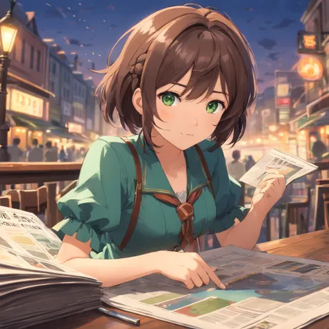 masterpiece:1.2, best quality, 1lady, solo:1.2, dark brown hair, short hair, green eyes, Piper Wright, young, Pointing a camera at the reader, Steampunk setting, photorealistic anime, victorian era setting, newspaper cap in head