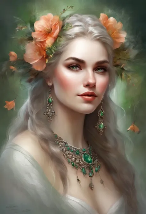 Vintage style fantasy, Masterpiece, Magnificent art, Best quality, 1girll, Close up girl Nordic princess, Scandinavian mountains, Winter weather, symmetrical and hyper detailed face, Silky skin like peach silk, Energetic and aggressive green eyes, Gray and...