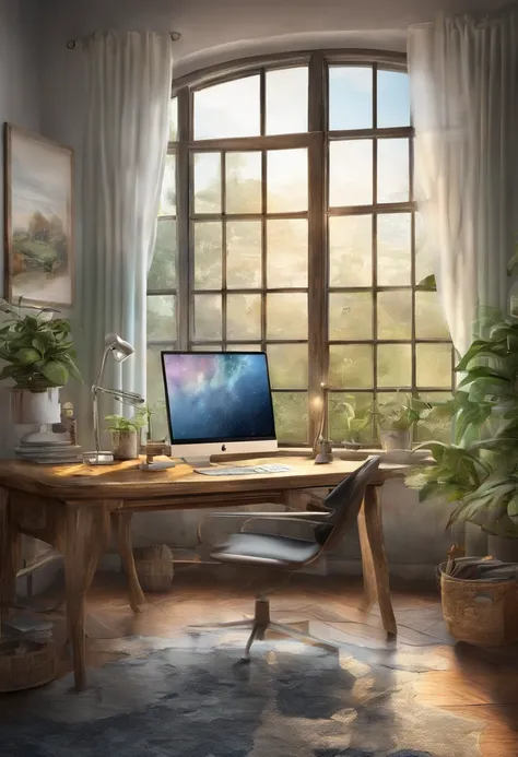 In front of the window there is a computer desk with a monitor and a chair, futuristic room background, retro futuristic apartment, Futuristic room, futuristic interior, desktopography, Futuristic. Game CG, futuristic decor, photograph of 3d ios room, cgso...