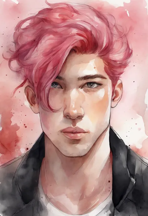 Man with pink and red hair and black clothes, Handsome face, White eyes, Highly detailed young anime, 4K Wall Paper Caricature, Anime boy, detailed anime character art.