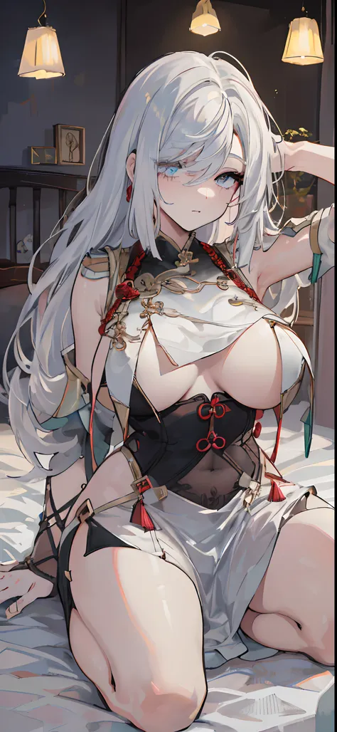 ((beautiful lighting, Best quality, 8K, Masterpiece: 1.3)), 1girl, Perfect body beauty, ((white hair)), (White dress: 1.4), (Indoor , night: 1.1), sexy pose (lie on the bed), Super Fine Face, Fine Eyes, Full body, naughty look, stocking