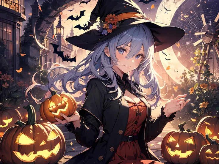 absurdres, highres, ultra detailed, (1girl:1.3) , Halloween witch, ((lovely smile)),wizard robes, wizard hat, Jack olantern, night, moon lighting,
BREAK, Halloween atmosphere,
 , kaleidoscopic imagery, symmetrical patterns, vibrant colors, geometric shapes...