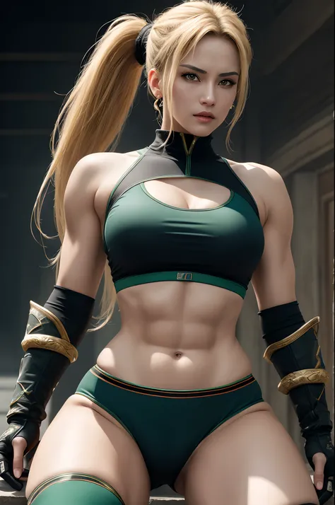 (masterpiece, top quality, best quality, official art, beautiful and aesthetic:1.2), (1girl:1.3), (fractal art:1.3), solo, Sonia Blade from mortal kombat, Mortal Kombat video game, 
black headband, ponytail, long hair, huge breasts, beautiful faces, green ...