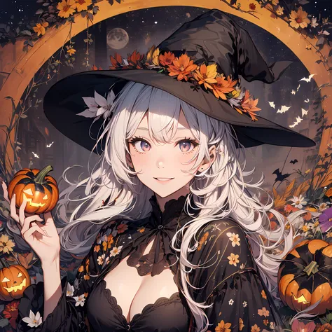 absurdres, highres, ultra detailed, (1girl:1.3) , Halloween witch, ((lovely smile)),wizard robes, wizard hat, Jack olantern, night, moon lighting,
BREAK, Halloween atmosphere,
 , kaleidoscopic imagery, symmetrical patterns, vibrant colors, geometric shapes...