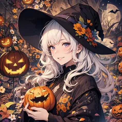 absurdres, highres, ultra detailed, (1girl:1.3) , Halloween witch, ((lovely smile)),wizard robes, wizard hat, Jack olantern, night, moon lighting,
BREAK, Halloween atmosphere,
 , kaleidoscopic imagery, symmetrical patterns, vibrant colors, geometric shapes...