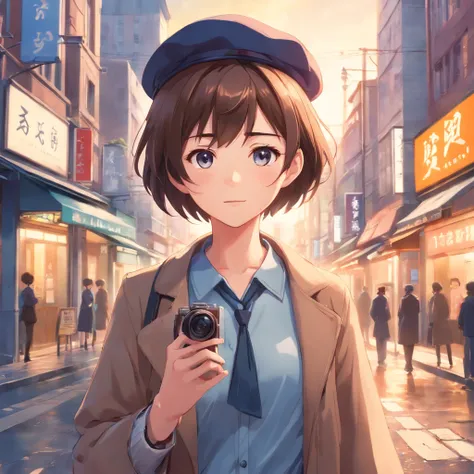 There was a woman standing in the street with a camera, Realistic anime 3 D style, 8K selfie photos, a beautiful anime portrait, Photorealistic anime, Anime style. 8K, realistic anime artstyle, Stunning anime face portrait, anime realism style, Kawaii real...