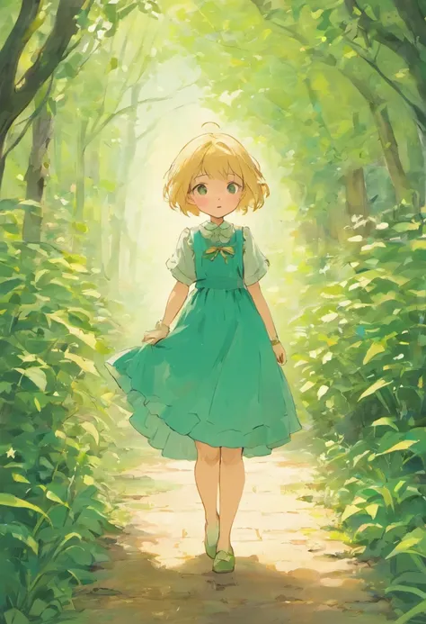 Illustration of a picture book in the style of Beatrix Potter, Shows a girl in the garden.Girl Blonde Hair, hairstyle is short bob, The girl wears only a green dress, Anatomically correct pose, The illustrations are attractive and exquisite, Soft colors an...