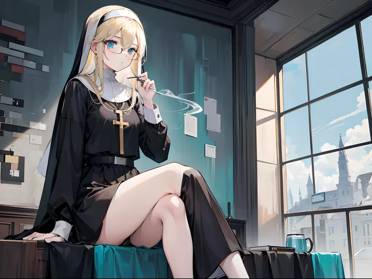 An 18-year-old woman with blond hair and turquoise eyes..., long-haired, Black Ribbon, Wear glasses and a nuns uniform..., Smoking sitting