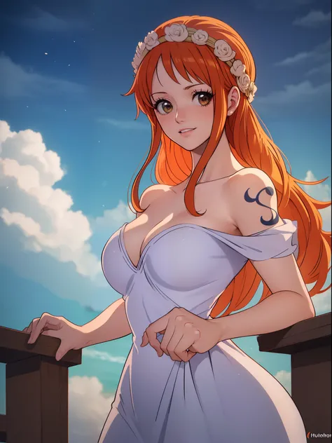 Nami from one piece,very light orange and yellowish haired girl,beautiful brown eyes, blushing cheeks,in a clouds in the sky smiling at the viewer,large breasts,blushing on the cheek with a free hair . She should be wearing a ancient greek clothes outfit.T...