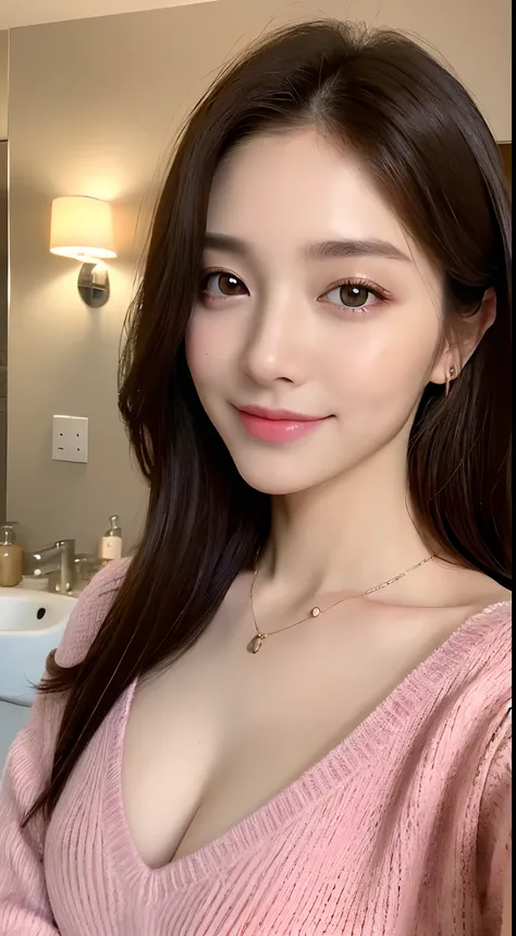 ((Night, Realistic Light, Best Quality, 8K, Masterpiece: 1.3)), 1girl, Slim Beauty: 1.4, Abs: 1.1, (Brown hair, Medium breasts: 1.3), Long pink sweater: 1.1, Bathroom, Super fine face, Delicate eyes, Double eyelids, smile, necklace