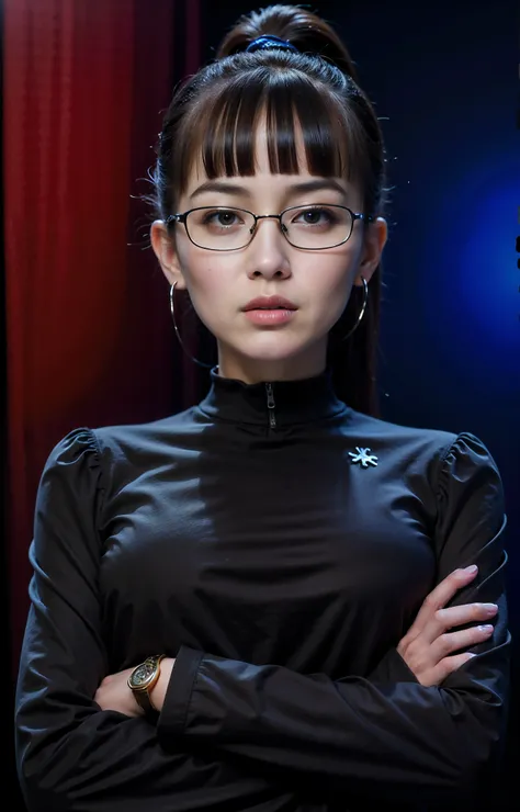 there is a woman with glasses and a black top posing for a picture, portrait of female korean idol, iu lee ji-eun as a super villain, inspired by Leng Mei, 8k portrait render, photorealistic anime girl render, 奈良美智, inspired by Yao Tingmei, kda, jiyun chae...