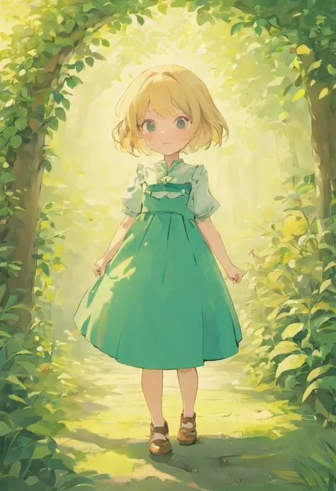 Illustration of a picture book in the style of Beatrix Potter, Shows a girl in the garden.Girl Blonde Hair, hairstyle is short bob, The girl wears only a green dress,There is no color other than green on the dress, Anatomically correct pose, The illustrati...