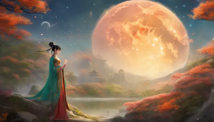 master-piece，ultra-high resolution，Fotorrealistas Photos，night，Full body image of Chinese fairy，delicate face，Delicate hair jewelry，barefoot，Float in the air，Look at the view.，Large Palace，Milky Way and the Giant Moon，Hanfu gauze skirt，Osmanthus Tree，Tremu...