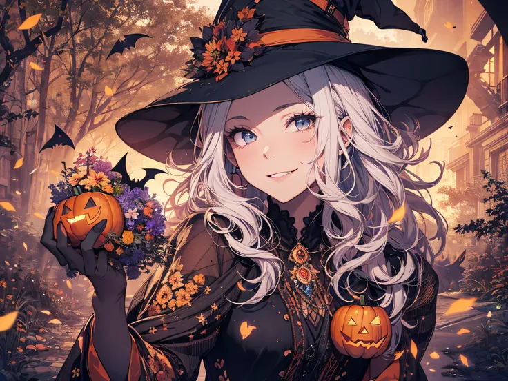 absurdres, highres, ultra detailed, (1girl:1.3) , Halloween witch, ((lovely smile)),wizard robes, wizard hat, Jack olantern, night, moon lighting,
BREAK, Halloween atmosphere,
 , kaleidoscopic imagery, symmetrical patterns, vibrant colors, geometric shapes...