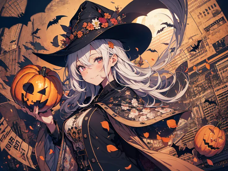 absurdres, highres, ultra detailed, (1girl:1.3) , Halloween witch, ((lovely smile)),wizard robes, wizard hat, Jack olantern, night, moon lighting,
BREAK, Halloween atmosphere,
 , kaleidoscopic imagery, symmetrical patterns, vibrant colors, geometric shapes...