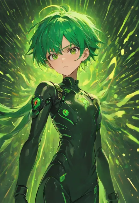 1guy, green hair, brown eyes, bio suit black,