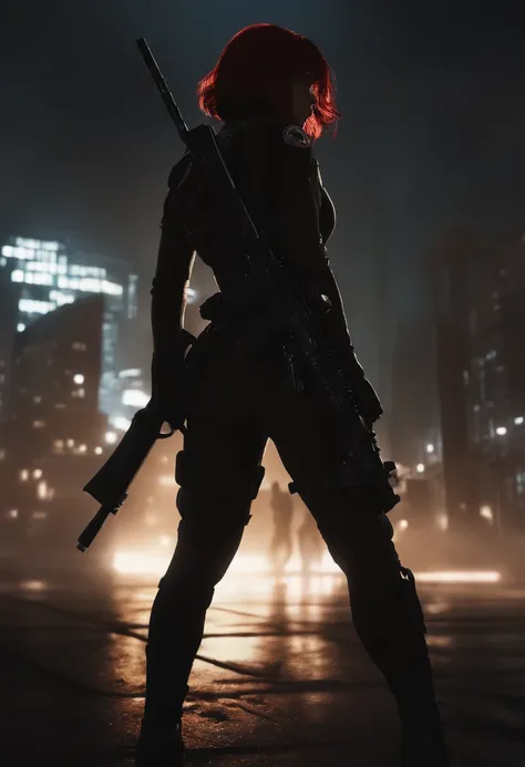 (mastrepiece:1.2,best quality,ultra detailed,powerful backlight:1.3,silhouette:1.45),, , //character, 1 solo Female  mercenary,Ghost in the Shell kusanagi motoko,One eye glowing red:1.2,Facial expression Murderous look,Looking down on the city.black lether...