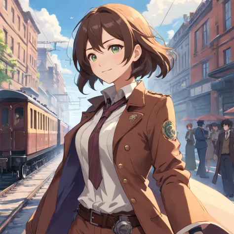 Facing the Reader, Camera at Chest Height, Investigative Journalist Attire with Brown Outfit and Patches, Piper Wright, Revolver Holstered on Waist, Smiling Expression, Green Eyes, Dark Brown Shoulder-Length Hair, Victorian Era Steampunk Setting with Victo...