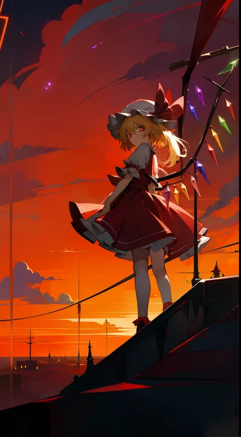 Flandre Scarlet Sky hat stands looking into the camera night