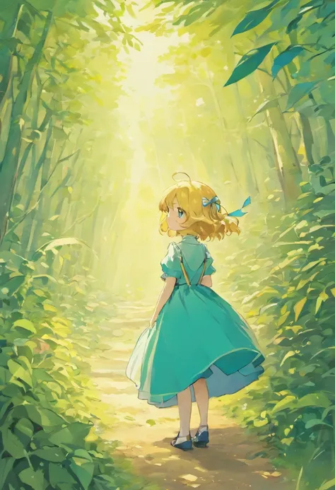 Illustration of a picture book in the style of Beatrix Potter, Shows a girl in the garden.Girl Blonde Hair, hairstyle is short bob, The girl wears only a green dress,There is no white color in the dress, Side angle, Girls are looking at this, Anatomically ...