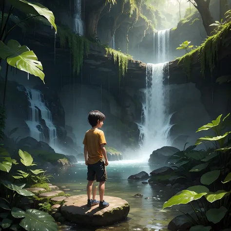 Waterfall in jungle A boy play in reaver rain