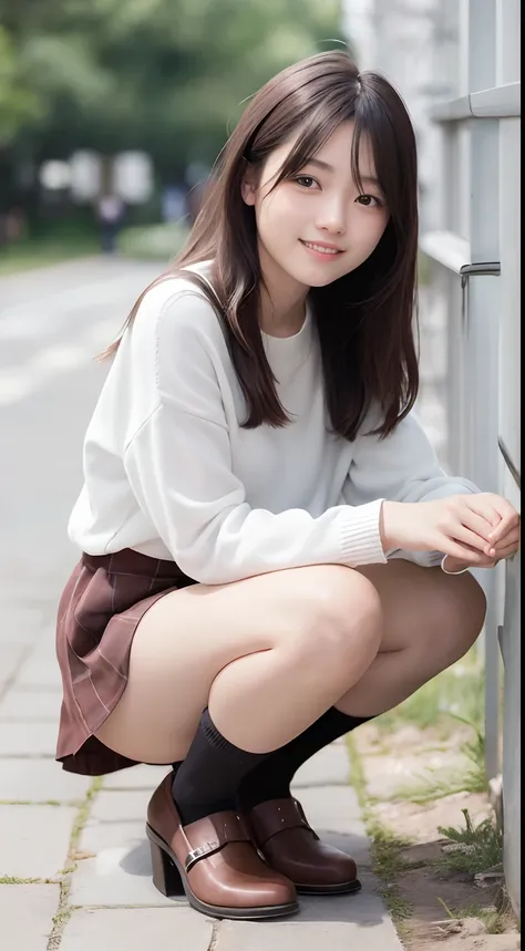 (Happy expression on face:1.26)、Raw photography、(((Ultimate Beauty Full Body Shooting)))、((glistning skin))、女の子1人、17-year-old beautiful girl in Prague、bright expression、((brown haired))、Girl in sweatshirt、plaid pleated skirt、View from the floor、(Long stock...