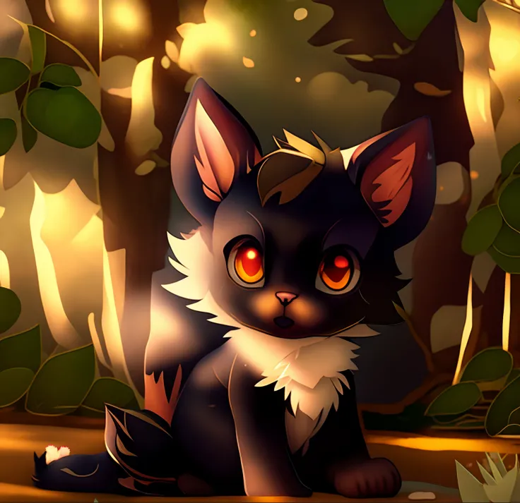 There is a black cat sitting on the grass in the forest, arte digital detalhada bonito, arte fursona, warrior cats fan art, criatura fofa da floresta, fursona furry art commission, arte digital bonito, Arte peluda!!!, estilo de arte bonito, commission art,...