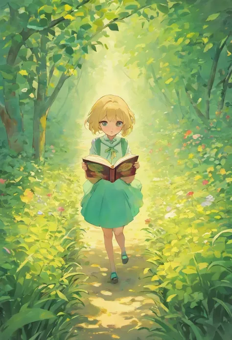 Illustration of a picture book in the style of Beatrix Potter, Shows a girl reading in the garden, Girl Blonde Hair, hairstyle is short bob, The girl wears only a green dress, The dress is short-sleeved, There is no white color in the dress, Side Angle, Th...