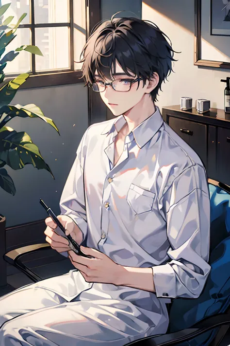 Male child、A dark-haired、short-haired、eye glass、White shirt、Holding shampoo in hand、The location is a beauty salon