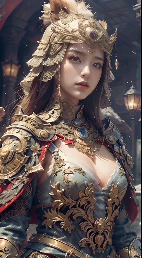 ((Masterpiece))), ((Best Quality))), ((Ultra Detailed)), (Surreal), (Highly Detailed CG Illustration), Cinematic Light, Realistic, Very Beautiful Young Lady,Sexy, Light Makeup,, Intricate Details EABA, Red Cloak, Spear