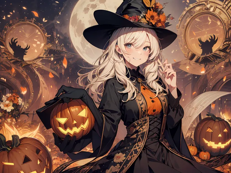 absurdres, highres, ultra detailed, (1girl:1.3) , Halloween witch, ((lovely smile)),wizard robes, wizard hat, Jack olantern, night, moon lighting,
BREAK, Halloween festival atmosphere,
 , kaleidoscopic imagery, symmetrical patterns, vibrant colors, geometr...