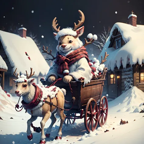 An adorable  reindeer with red nose, scraf, pulls a carriage full of christmaa presents in a snow-filled village in cartoon style, cute face, cute smile, snowing, printable