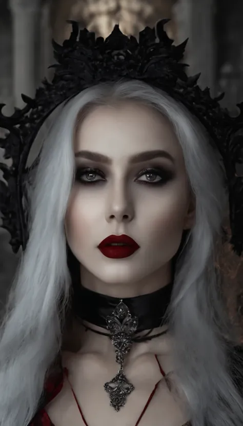 Masterpiece, highest quality, 8K HD, 1 vampire girl, Scary atmosphere, Gothic, open mouth, vampire teeth, Red eyes
，(masterpiece award winning , best quality:1. 2) , Christian Zombie Vampire, detailed face , grey eyes, cinematic , gloomy illumination, horr...