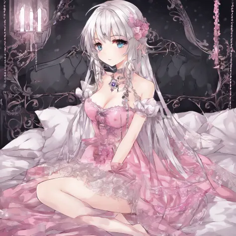 ((the night、beautiful illustration、topquality ,adult girl))、bed room、White-haired,Square hair、(((Pink Assistant)))、(((Pink nightgown)))、short sleeves、Normal size、bellybutton、((Throwing a skirt with your hands、showing white panties、Pull up the skirt，(Open p...