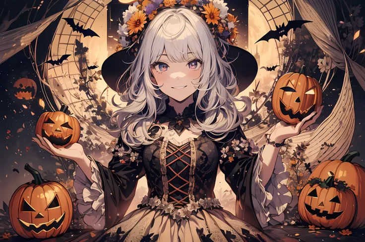 absurdres, highres, ultra detailed, (1girl:1.3) , Halloween witch, ((lovely smile)),wizard robes, wizard hat, Jack olantern, night, moon lighting,
BREAK, Halloween atmosphere,(half body image:1.5),
 , kaleidoscopic imagery, symmetrical patterns, vibrant co...