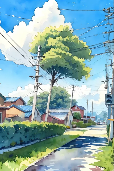 no humans, outdoors, power lines, house, sky, utility pole, tree, scenery, traditional media, day, cloud, plant, blue sky, road, building, bush, grass, painting (medium), watercolor (medium), town