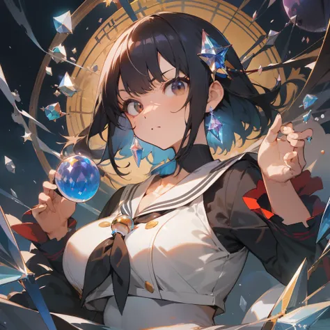 (masutepiece, Highest Quality), High resolution, (Illustration:1.3), Black hair, short-cut, 小柄, Colossal tits, (a sailor suit:1.1), Girl doing fortune telling, natta, starrysky, Large crystal balls floating around the body, Fantastic atmosphere, serious fa...