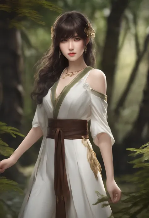 8k, best quality, masterpiece, highly detailed, semi realistic, a girl, a girl, 20 years old, looking at hands, long dark brown hair with bangs, curly hair, green eyes, black Japanese style cut clothes, white pants, bare shoulders, golden details, thin fig...