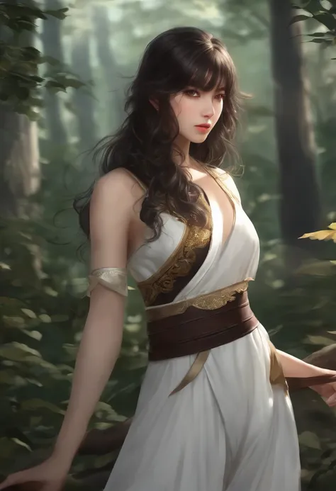 8k, best quality, masterpiece, highly detailed, semi realistic, a girl, a girl, 20 years old, looking at hands, long dark brown hair with bangs, curly hair, green eyes, black Japanese style cut clothes, white pants, bare shoulders, golden details, thin fig...