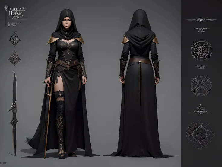 (Character Profile Sheet:1.4), (Character Concept Art:1.6), (A Beautiful 25 years old Arabian Female Assassin with Long Black Hair), (Wearing Black and Gold Assassin Outfit with Silk Hood), (has Twin Daggers as Her Weapon), Full Body Shot, (Grey Background...