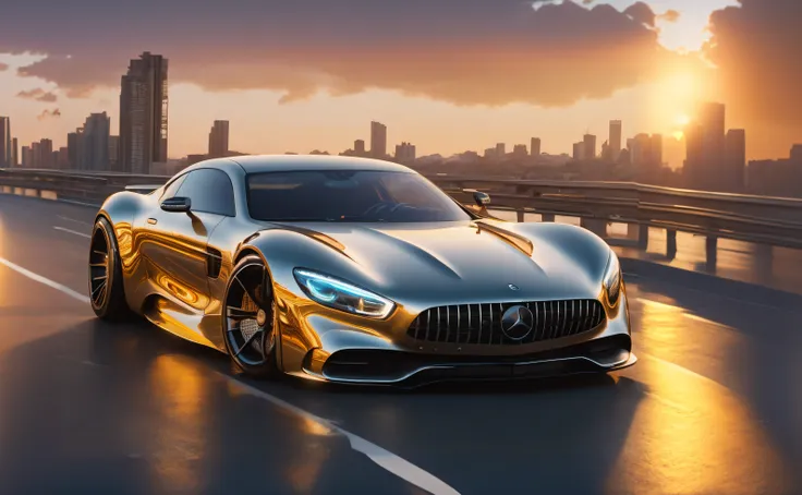 a close up of a silver sports car driving on a highway, luxury hd render, golden hour 4k, mercedez benz, avantgarde 4k wallpaper, shiny gold, stunning high tech, bmw and mercedes concept cars, glossy shiny reflective, futuristic precious metals, golden hou...