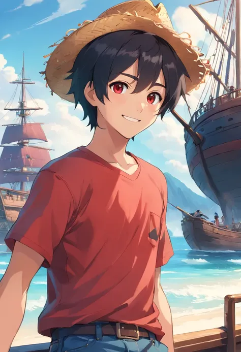 One man, straw hat, round eyes, scar on left cheek, smiling, short black hair, red T-shirt, blue half jeans, pirate ship in background, high quality –ar3:2 –niji