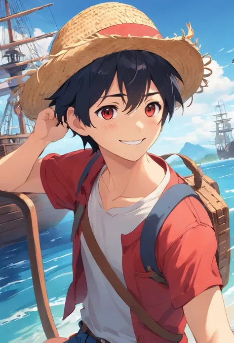 One man, straw hat, round eyes, scar on left cheek, smiling, short black hair, red T-shirt, blue half jeans, pirate ship in background, high quality –ar3:2 –niji