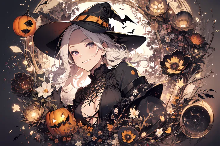 absurdres, highres, ultra detailed, (1girl:1.3) , Halloween witch, ((lovely smile)),wizard robes, wizard hat, Jack olantern, night, moon lighting,
BREAK, Halloween atmosphere,(half body image:1.5),
 , kaleidoscopic imagery, symmetrical patterns, vibrant co...