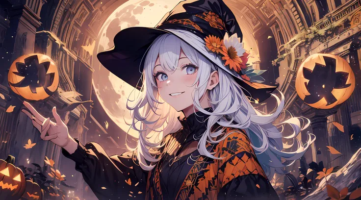 absurdres, highres, ultra detailed, (1girl:1.3) , Halloween witch, ((lovely smile)),wizard robes, wizard hat, Jack olantern, night, moon lighting,
BREAK, Halloween atmosphere,(half body image:1.5),
 , kaleidoscopic imagery, symmetrical patterns, vibrant co...